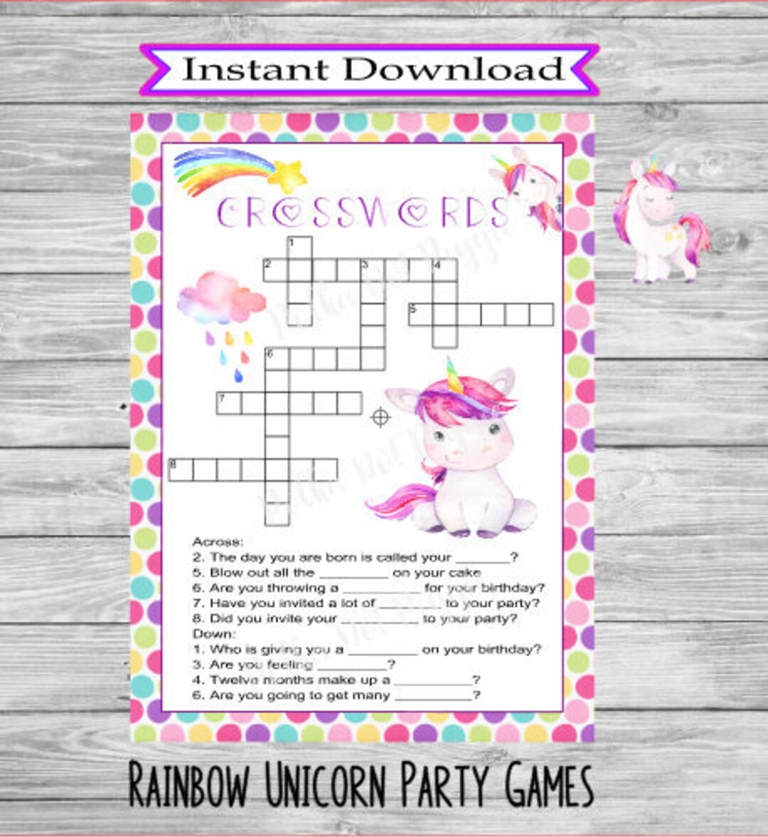 Rainbow Unicorn Girls Crossword Puzzle Birthday Party Bachelorette Party Baby Shower Wedding Shower Game Instant Digital Printable Download Etsy