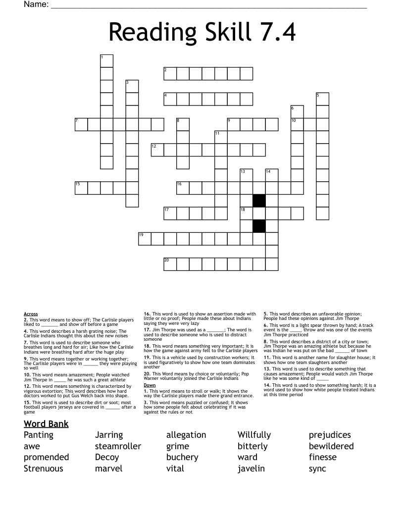 Reading Skill 7 4 Crossword WordMint