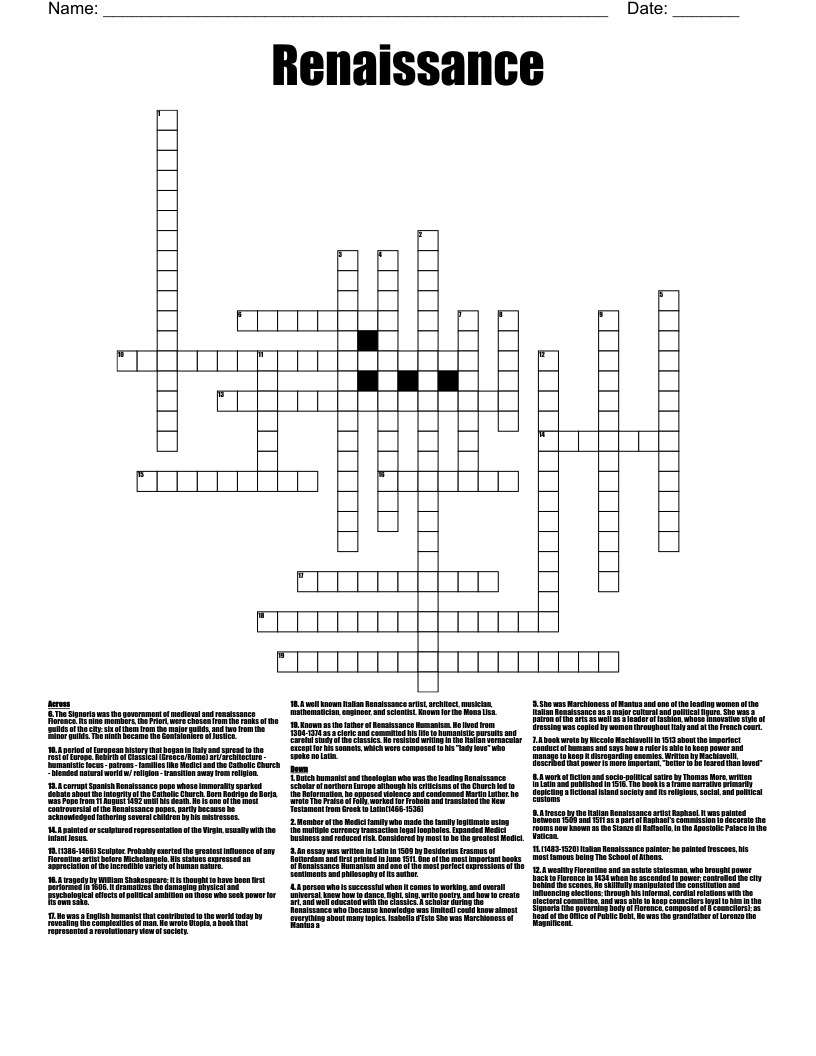 Renaissance Crossword WordMint