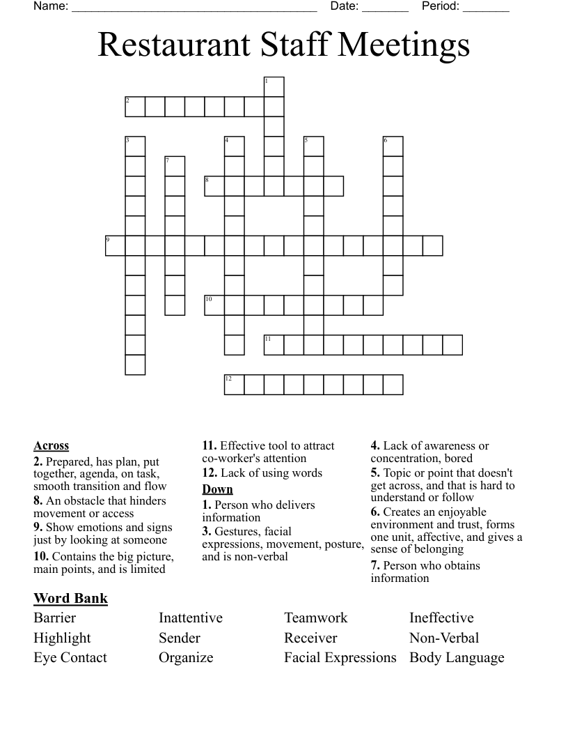 Restaurant Staff Meetings Crossword WordMint