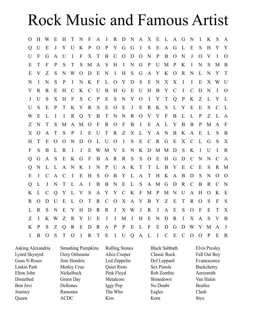 Rock Music And Famous Artist Word Search WordMint Rock Music And Famous Artist Word Search WordMint
