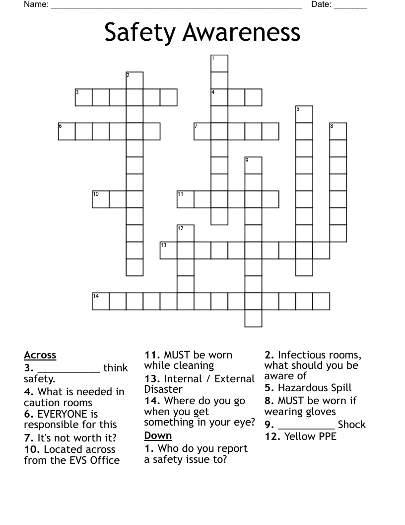 Safety Awareness Crossword WordMint Safety Awareness Crossword WordMint