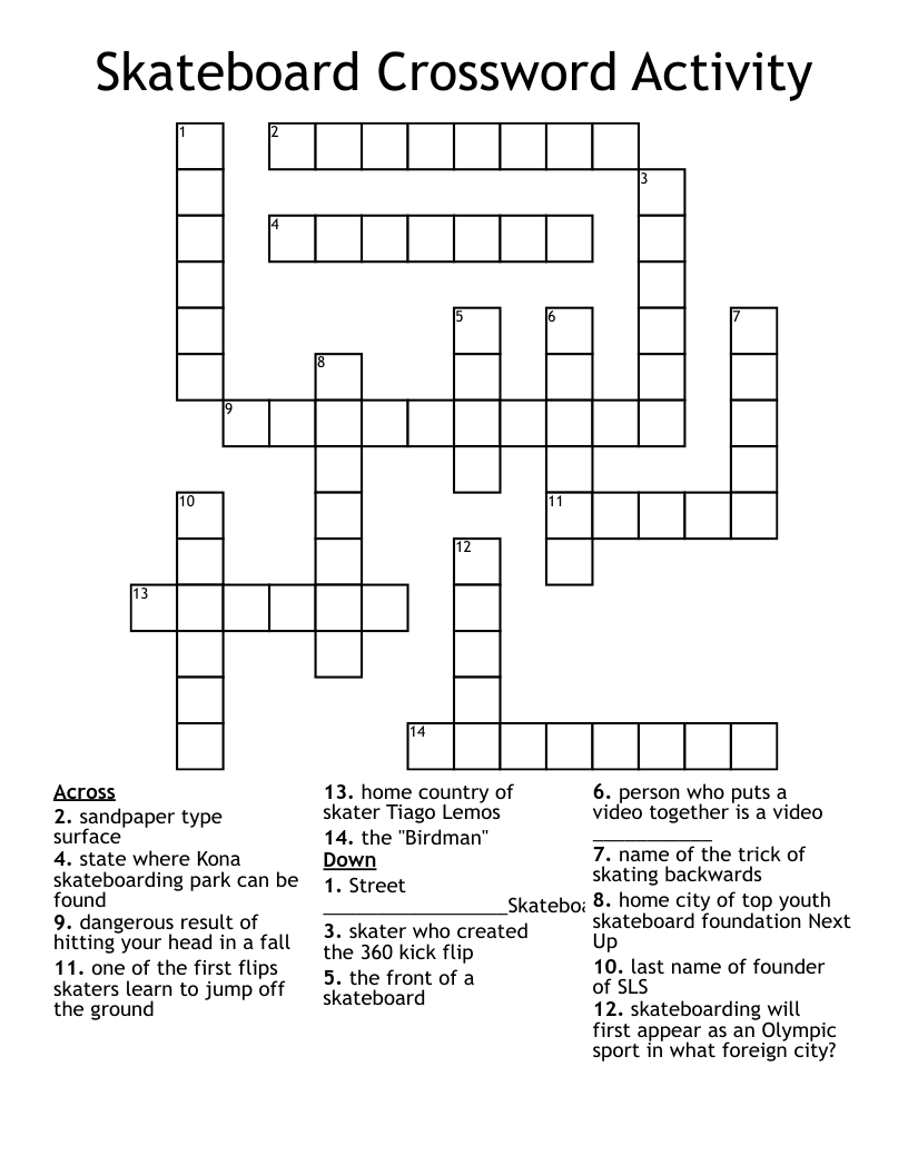 Skateboard Crossword Activity WordMint Skateboard Crossword Activity WordMint