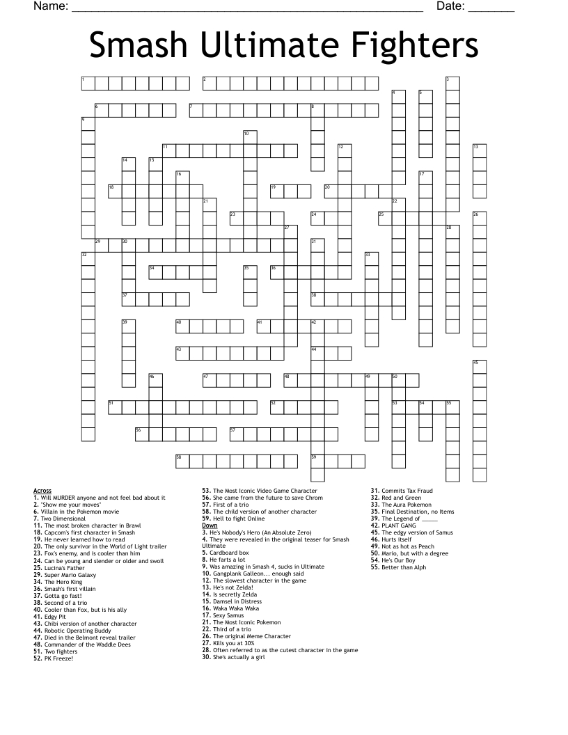 Smash Ultimate Fighters Crossword WordMint
