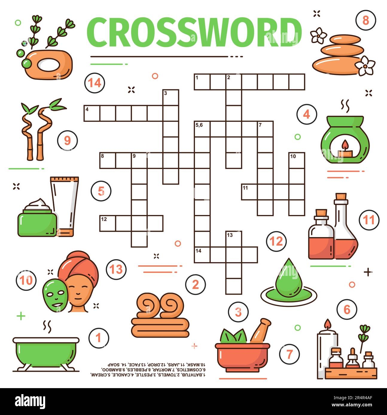 Spa And Face Beauty Skin Health Care Crossword Grid Worksheet Find A Word Quiz Vector Riddle With Bathtub Towels Pestle Candle Or Cream Cosmetics Mortar Pebbles And Bamboo With Mask Or Jar