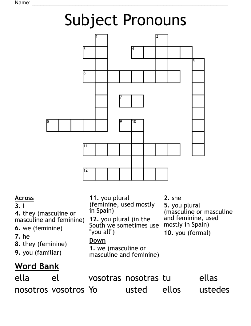 Subject Pronouns Crossword WordMint