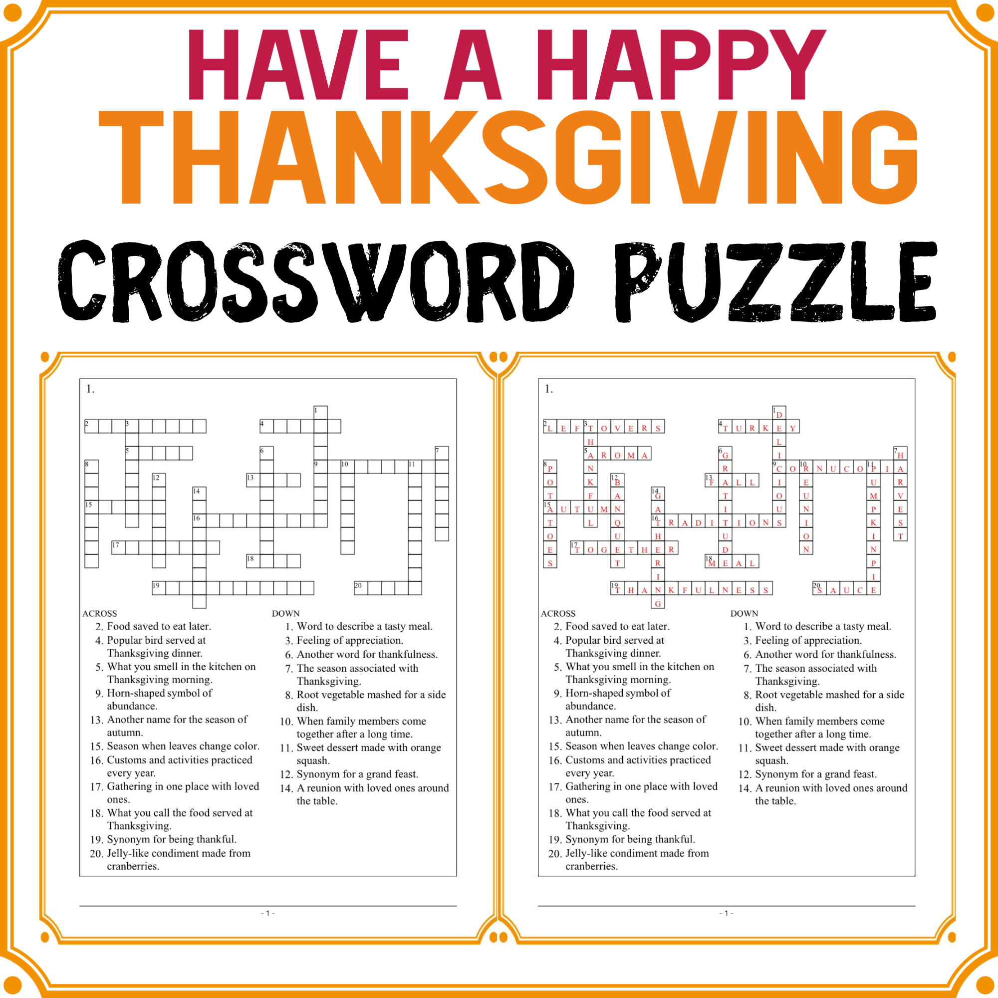 Thanksgiving Vocabulary Crossword Puzzle Fun Holiday Activity With Answer Key Teaching Resources