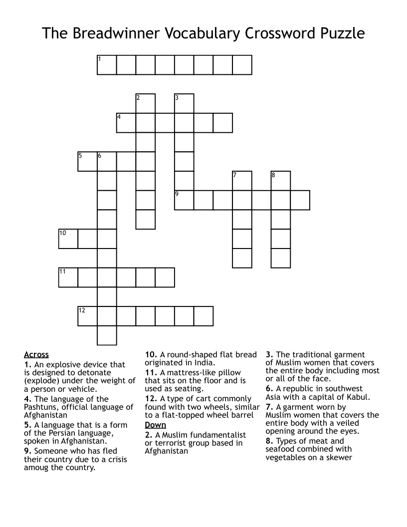 The Breadwinner Vocabulary Crossword Puzzle WordMint The Breadwinner Vocabulary Crossword Puzzle WordMint