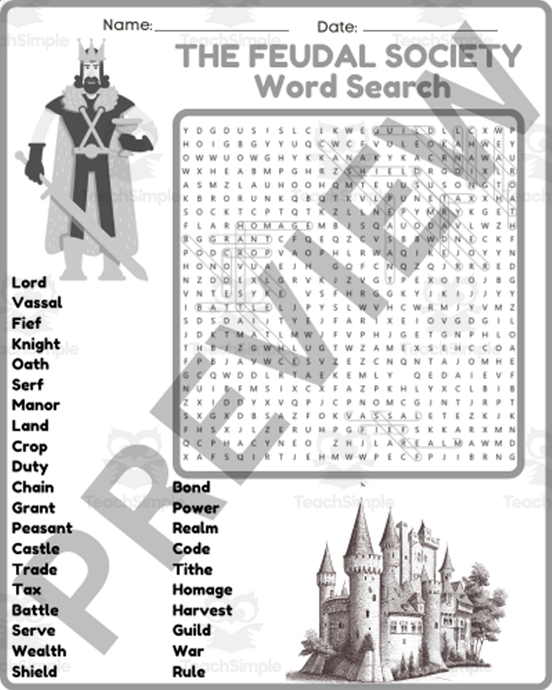 THE FEUDAL SYSTEM FEUDALISM Word Search Puzzle Worksheet Activity By Teach Simple