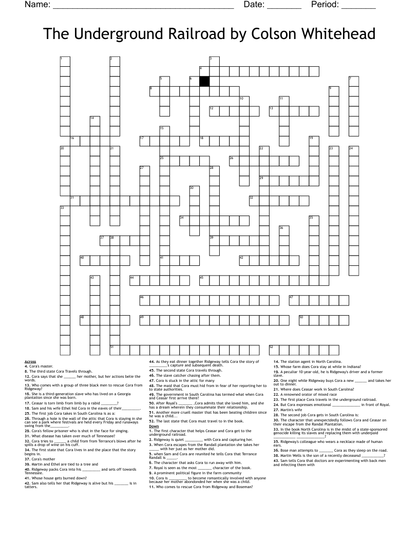 The Underground Railroad By Colson Whitehead Crossword WordMint The Underground Railroad By Colson Whitehead Crossword WordMint