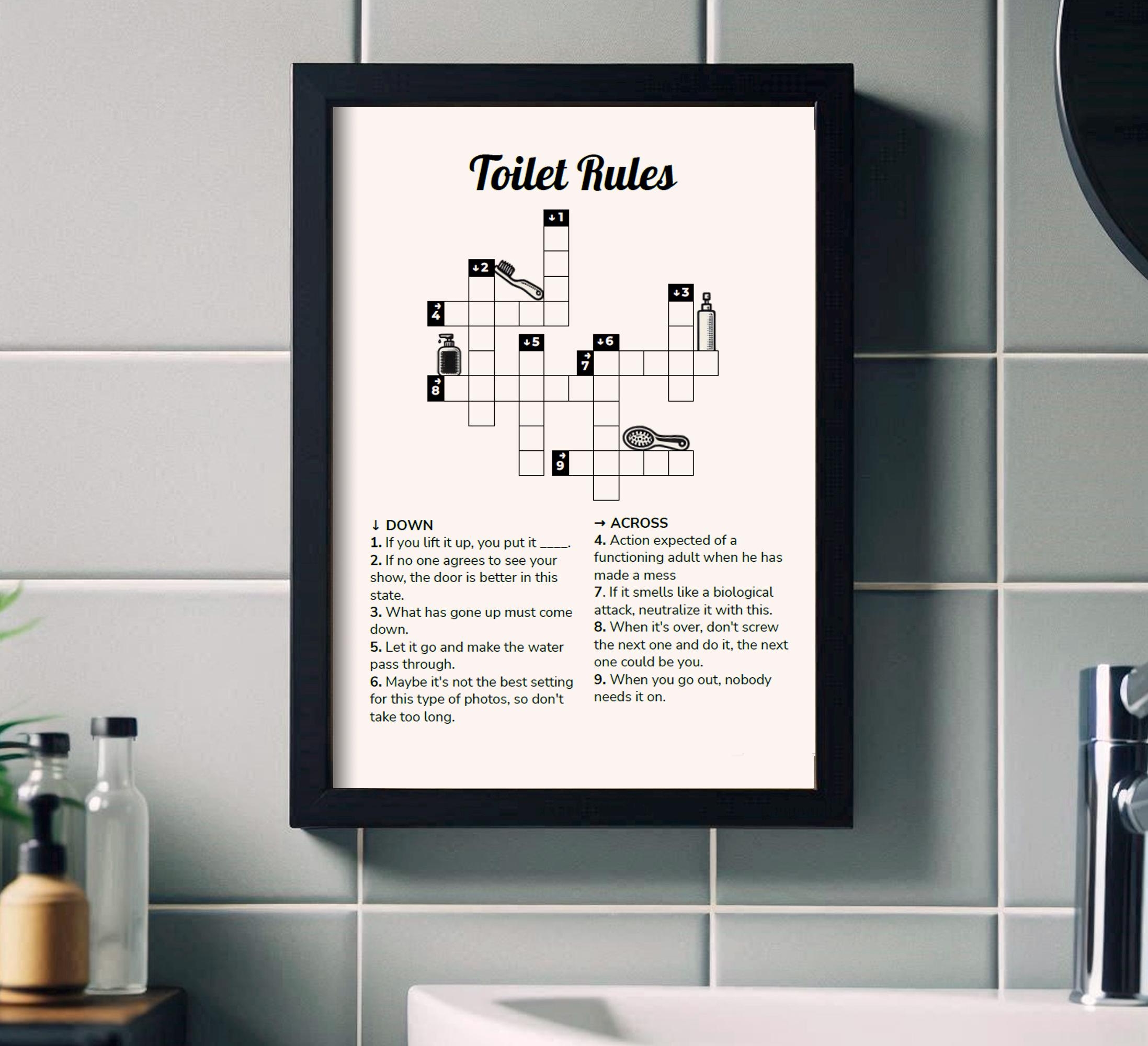 Toilet Rules Crossword Printable In 4 Sizes A Funny Toilet Game To Forget The Phone And Remember To Flush The Toilet Guest Bathroom Decor Etsy