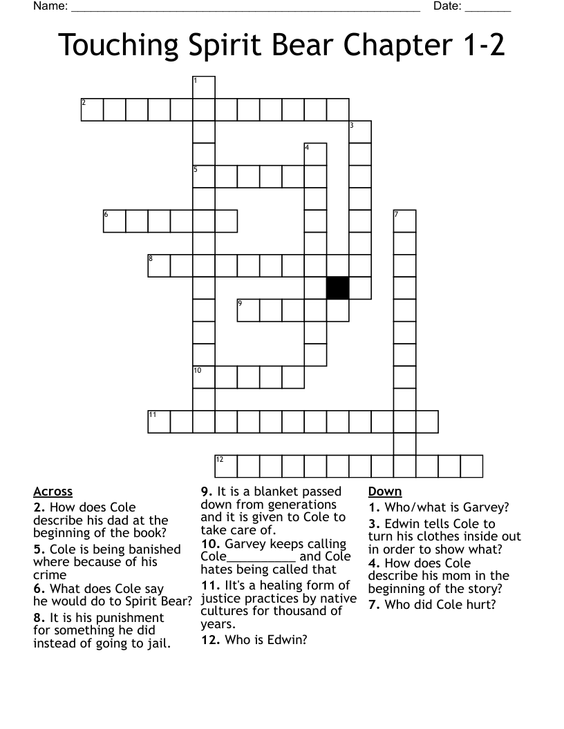 Touching Spirit Bear Chapter 1 2 Crossword WordMint Touching Spirit Bear Chapter 1 2 Crossword WordMint