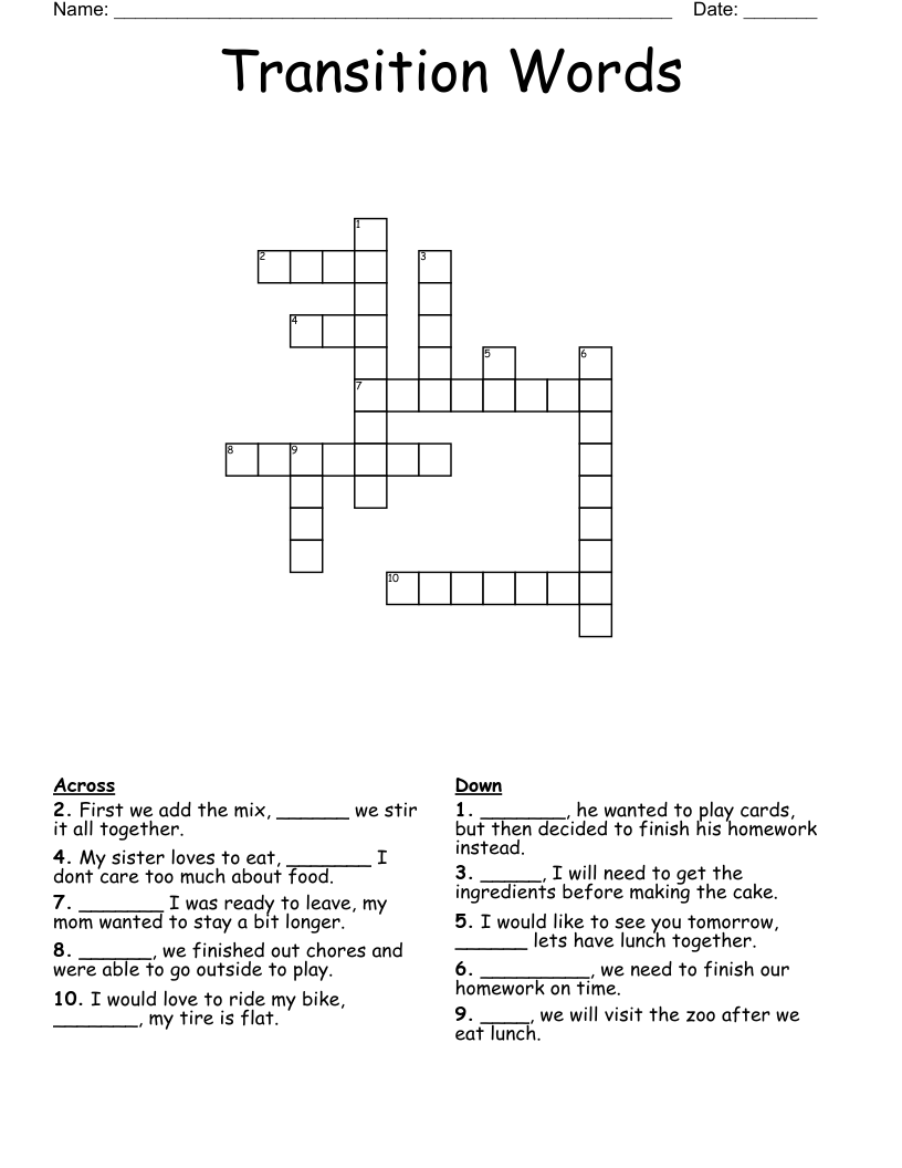 Transition Words Crossword WordMint