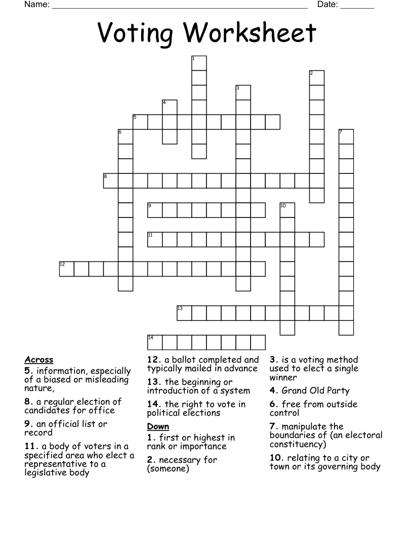 Voting Worksheet Crossword WordMint