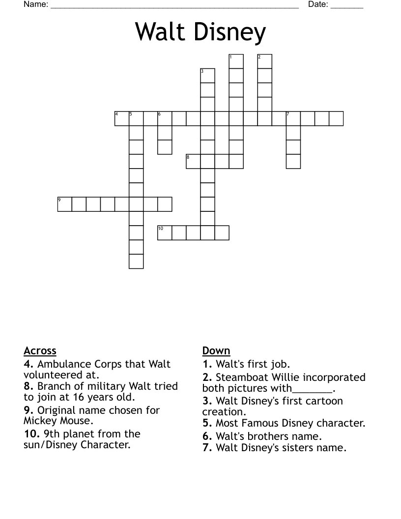 Walt Disney Crossword WordMint Walt Disney Crossword WordMint
