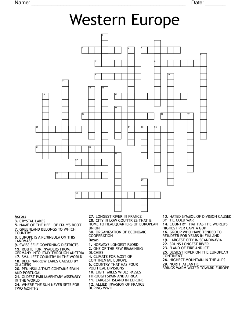 Western Europe Crossword WordMint