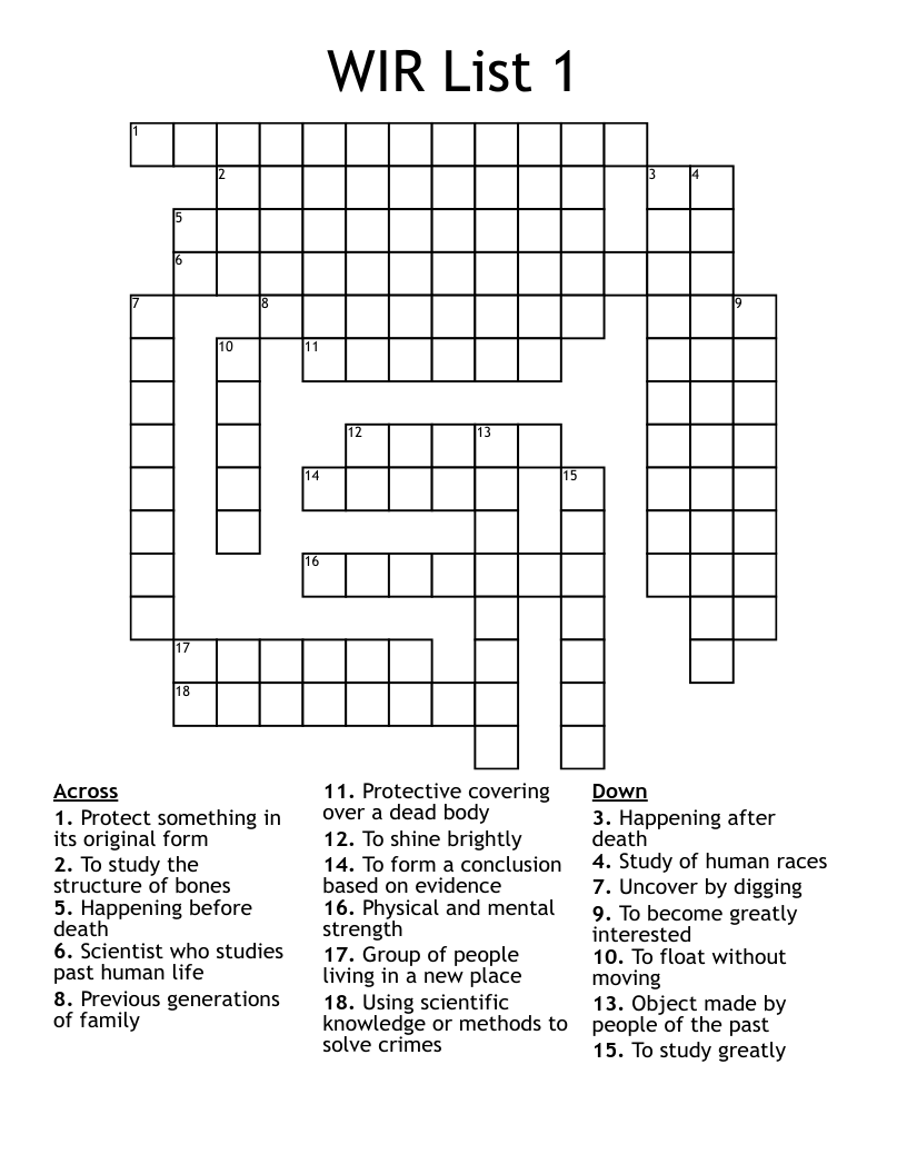 WIR List 1 Crossword WordMint WIR List 1 Crossword WordMint