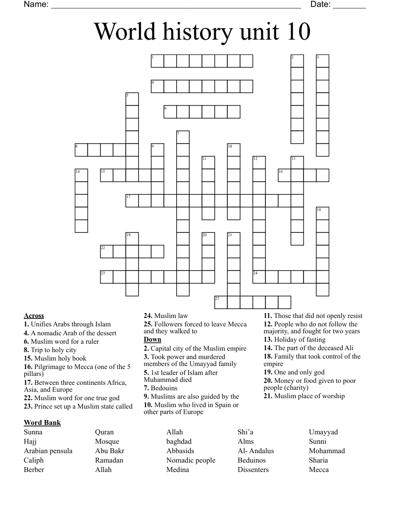 World History Unit 10 Crossword WordMint