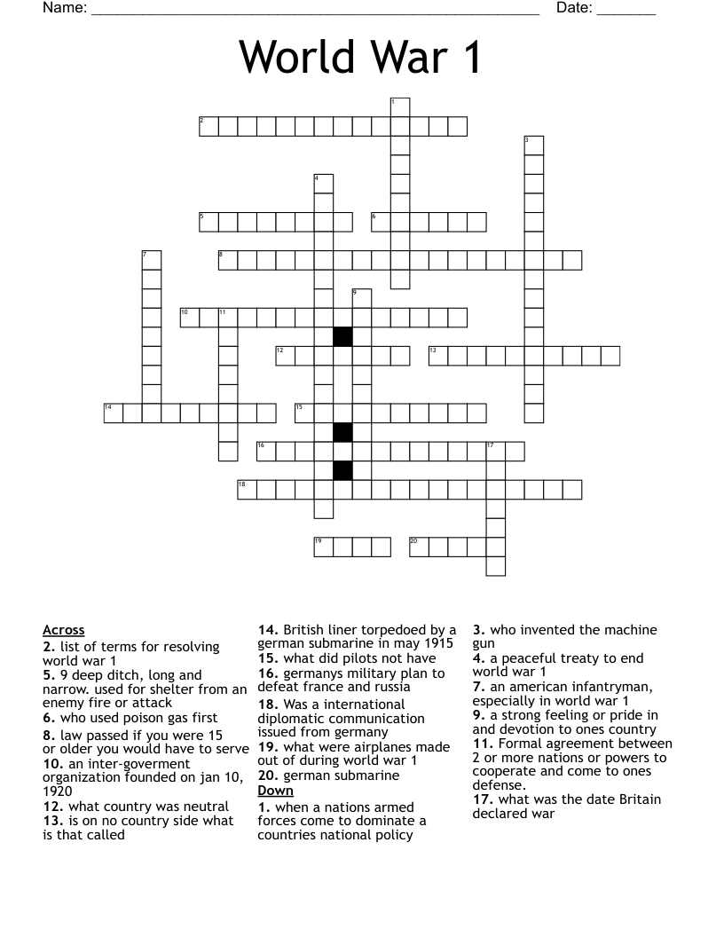 World War 1 Crossword WordMint World War 1 Crossword WordMint